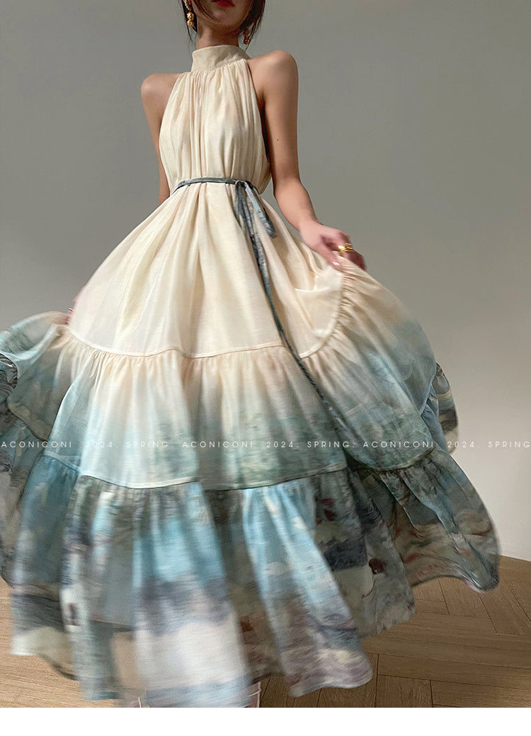 Aconiconi| Louvre Picture Reflection printed halter neck maxi skirt vacation dress - Miinia