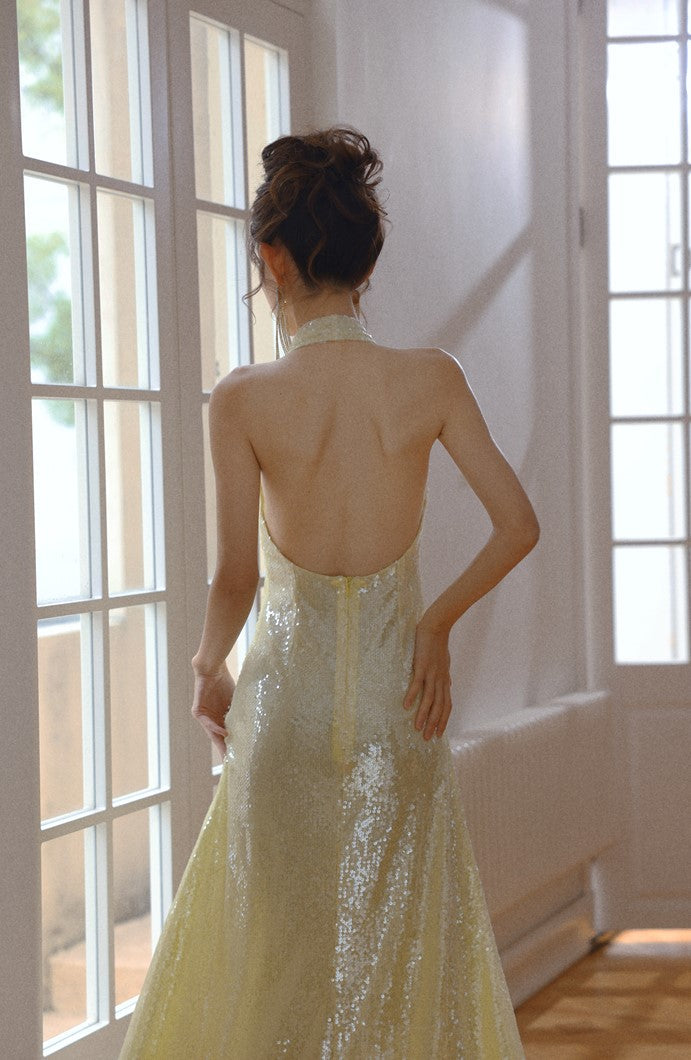 DOLLY Luxury Lemon Yellow Sequin Halter Neck Backless Short Birthday Dress-NELLIE