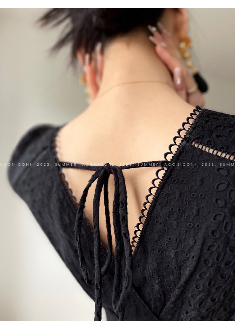 Aconiconi| French coffee break lace cotton white dress - Smoke