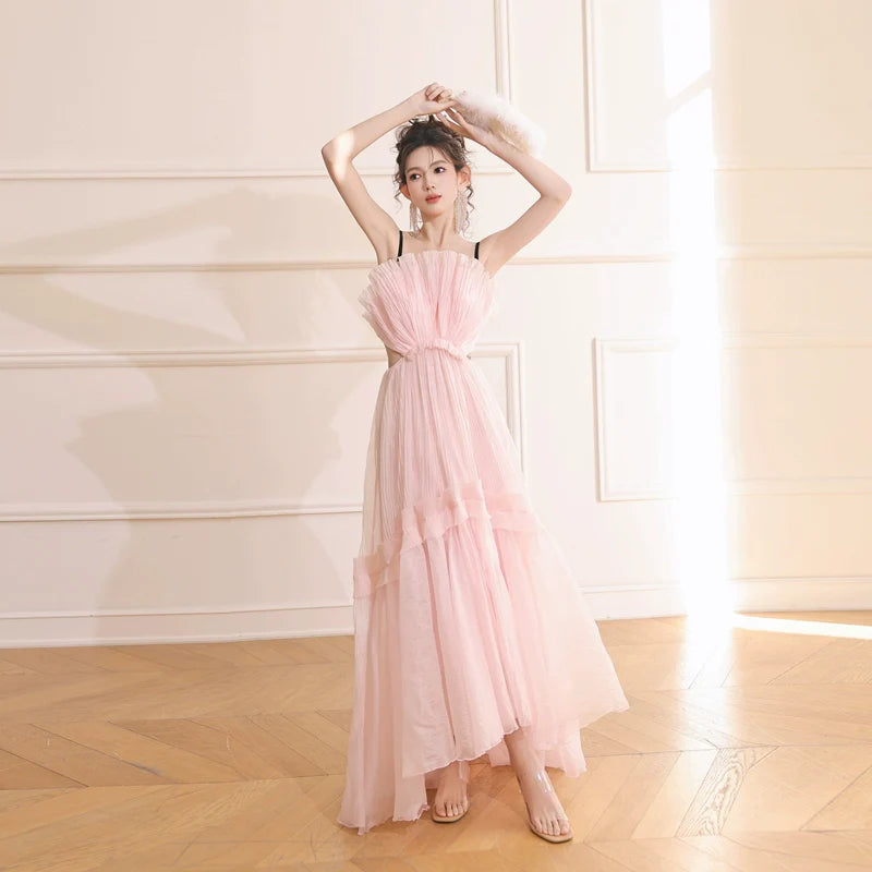 DOLLY Luxury Sleeveless Backless Strap Handmade Pleated Party Dress-GINA