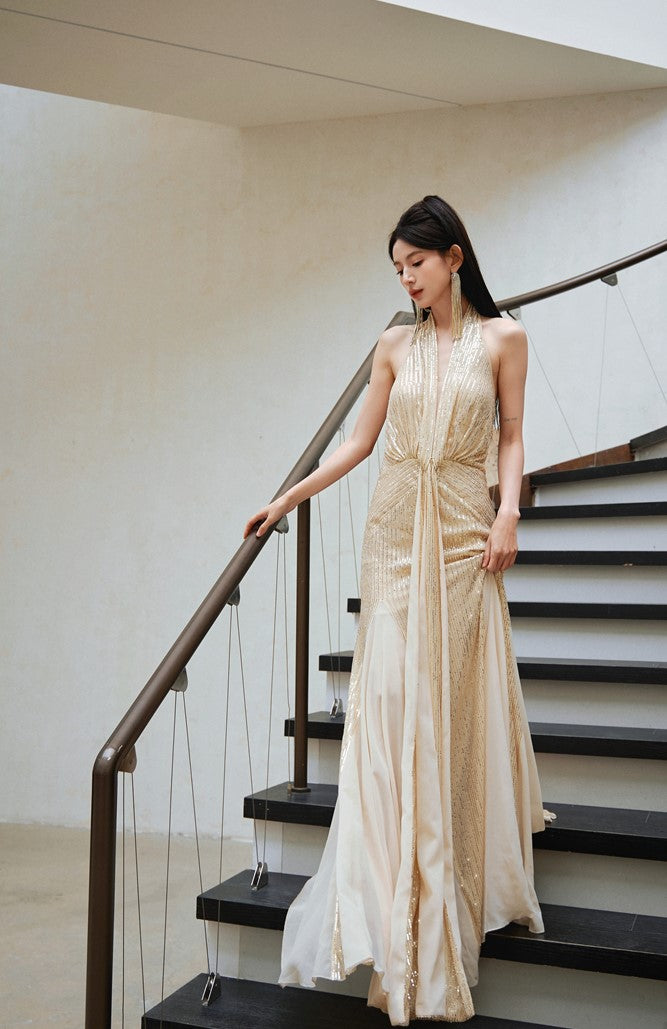 DOLLY Elegant Gold Sleeveless Halter Neck Long Fish Tail Banquet Dress- Carly