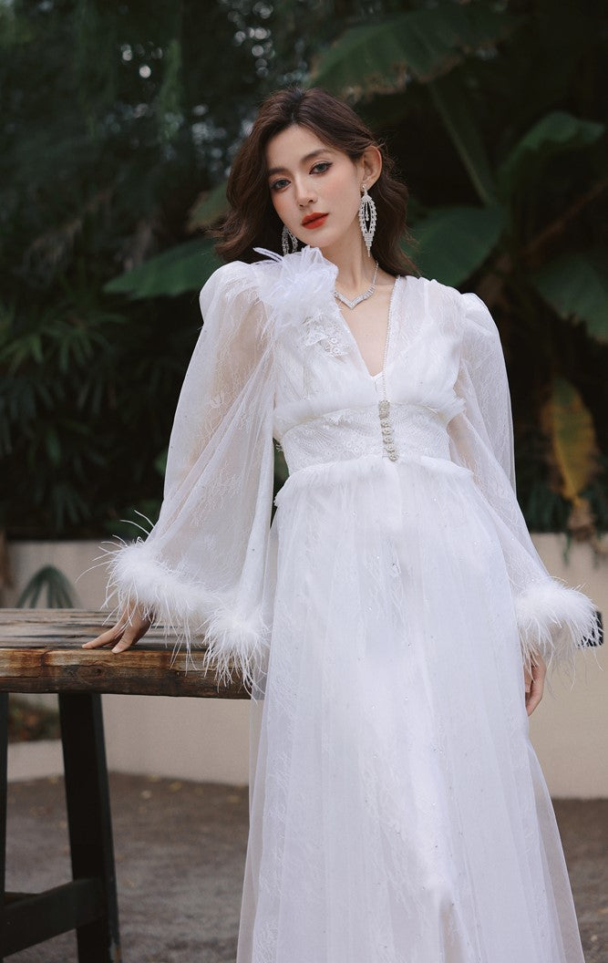 DOLLY Elegant White Deep V-Neck Lace Feather Bell Sleeves Long Robe Dress-ZOBA (V)*