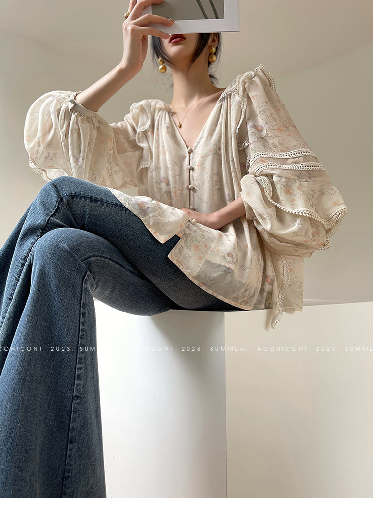 Aconiconi Elegant V-Neck Palace Sleeve Short layered  Dress-Lanshan Qimeng