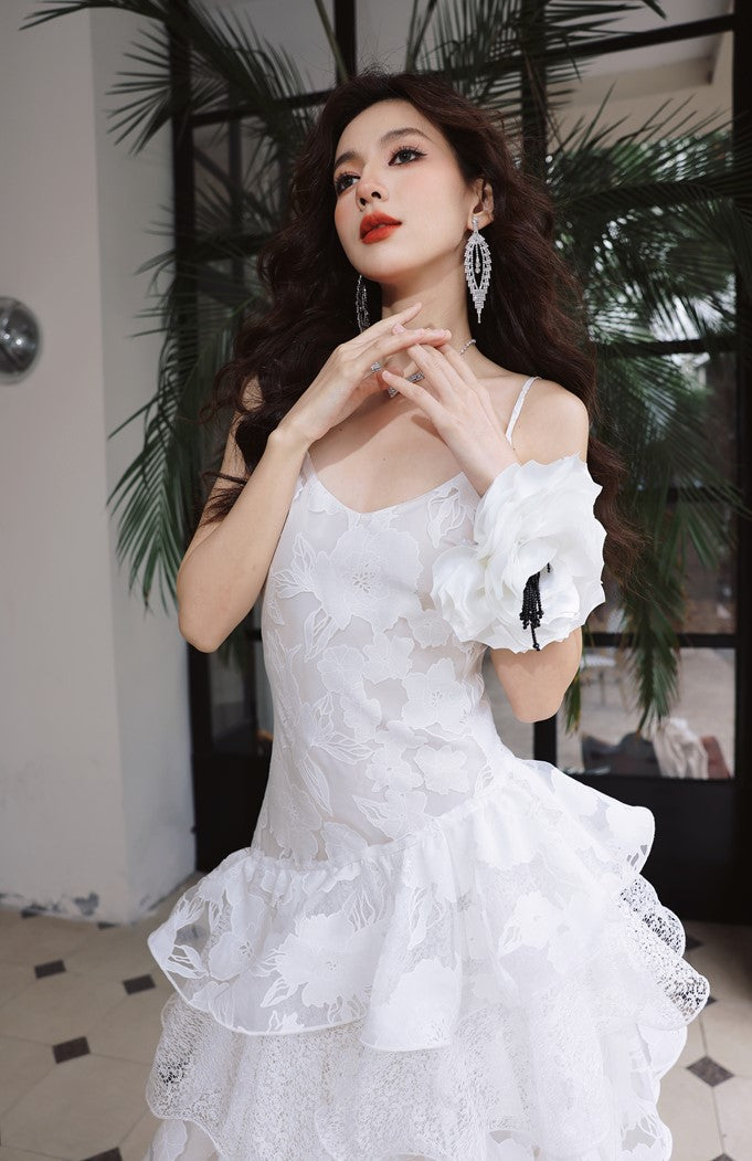 DOLLY Elegant White Flower Embroidery Lace Ruffle Layered Dinner Dress-DAISY (V)