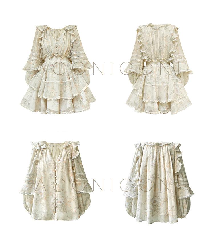 Aconiconi Elegant V-Neck Palace Sleeve Short layered  Dress-Lanshan Qimeng