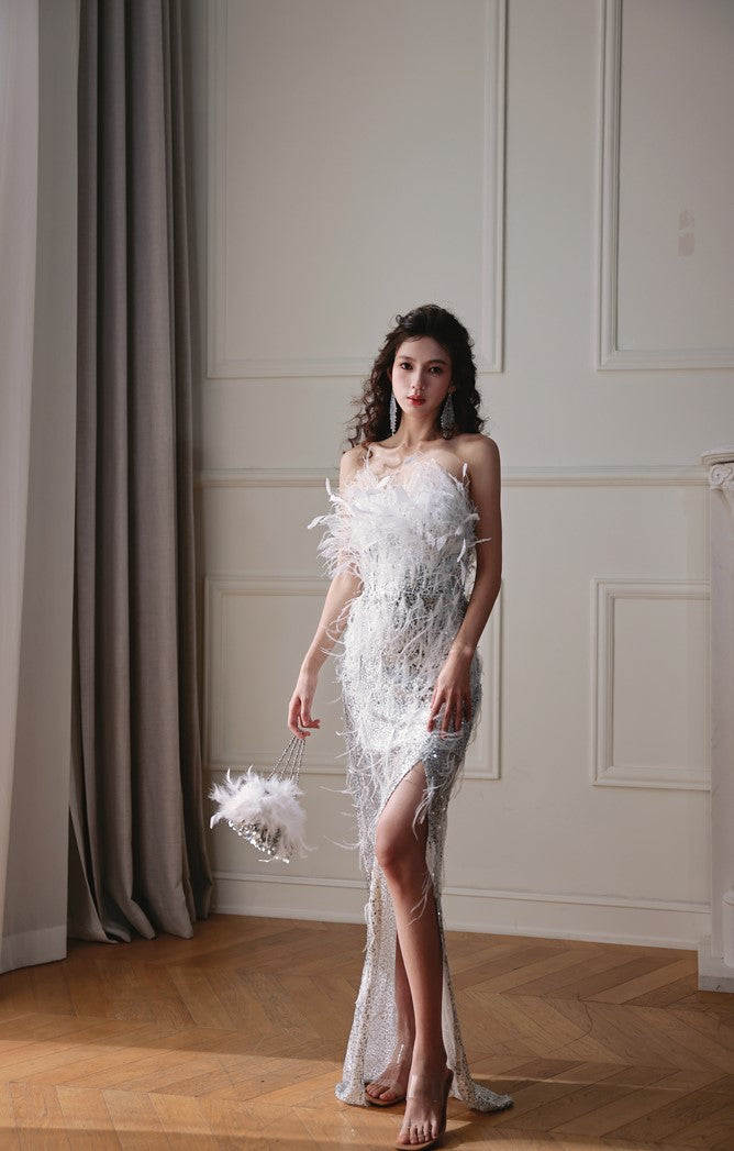 DOLLY Sliver White Feather Tube Top Long Slit Wedding Guest Dress-AGNES
