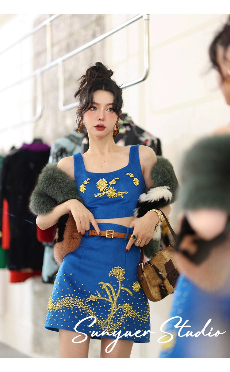 Blue autumn fall winter Wool hand-beaded yellow crystal stones top + skirt two-piece set
