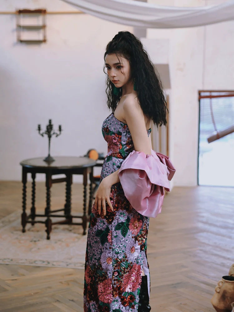 DOLLY Luxury Retro Purple Floral Embroidered Tube Top Long Sequin Party Dress-JOY