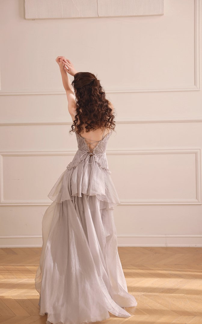 DOLLY Elegant Gray V-Neck Sleeveless Pleated Bandage Banquet Dress-MENA