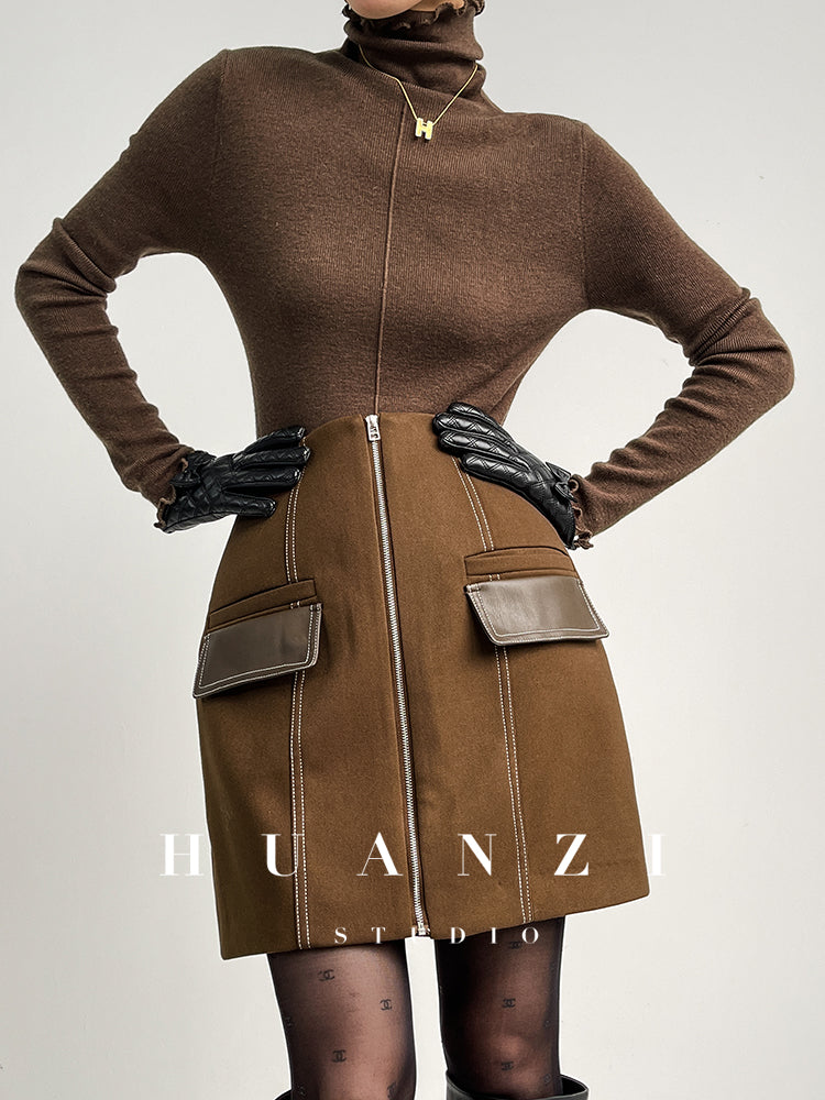 Huanzi Autumn winter foreign style zipper high-waist skirt - Riwre
