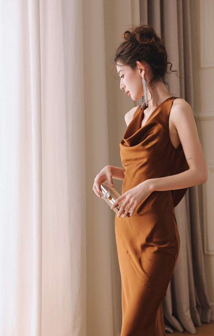 DOLLY Elegant Brown Retro Sleeveless Halter Neck Long Cocktail Dress-GIDDY
