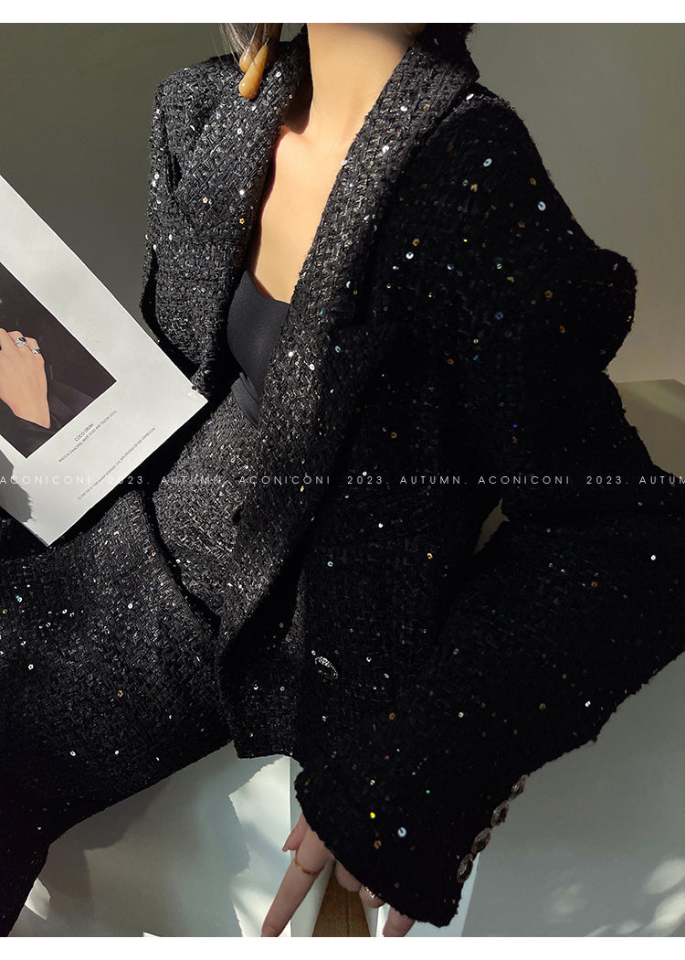 Aconiconi Tweed Sequins Fragrance Dress Skirt Loose Blazer Skirt