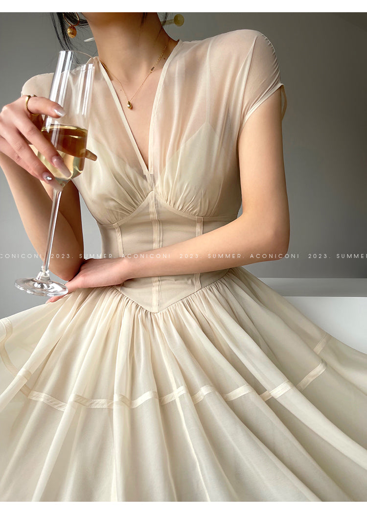 Aconiconi|high-end V-neck exquisite printed tea summer dress- Yufu fairy