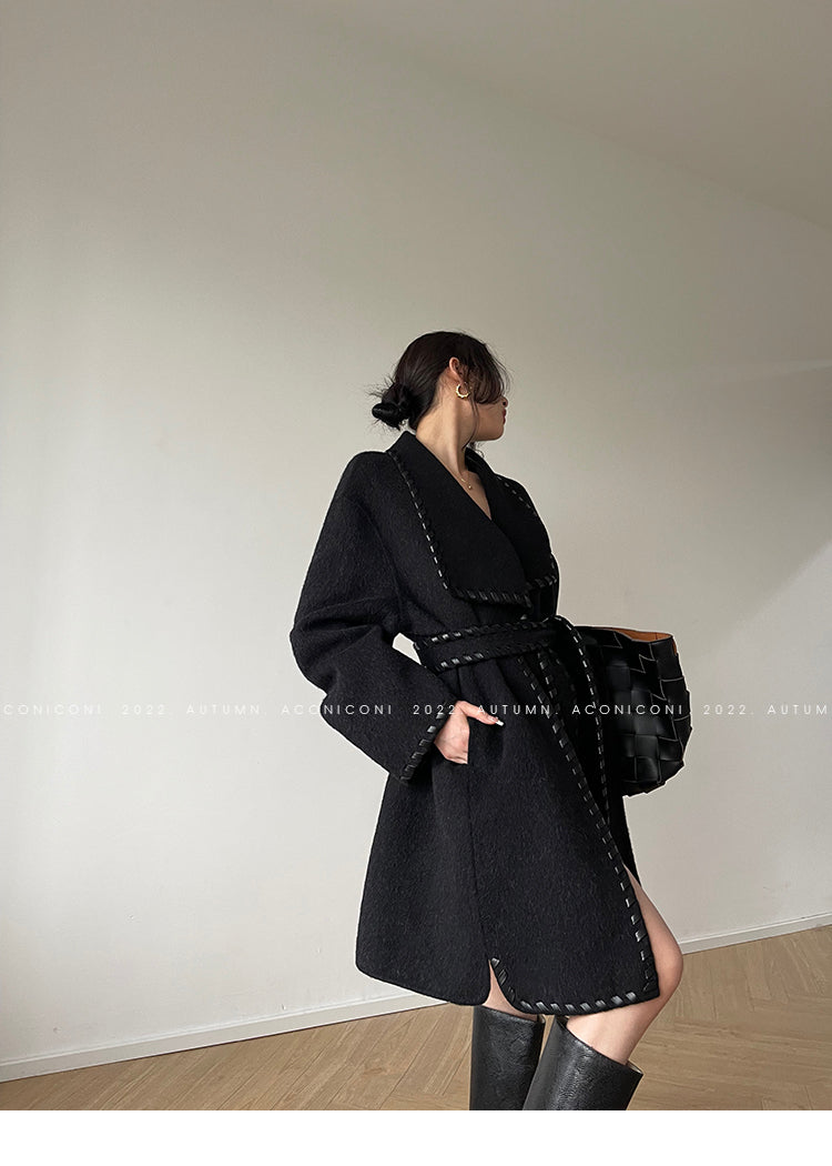 Aconiconi| Full wool coat classic double-sided wool woven belt coat -Nocturne