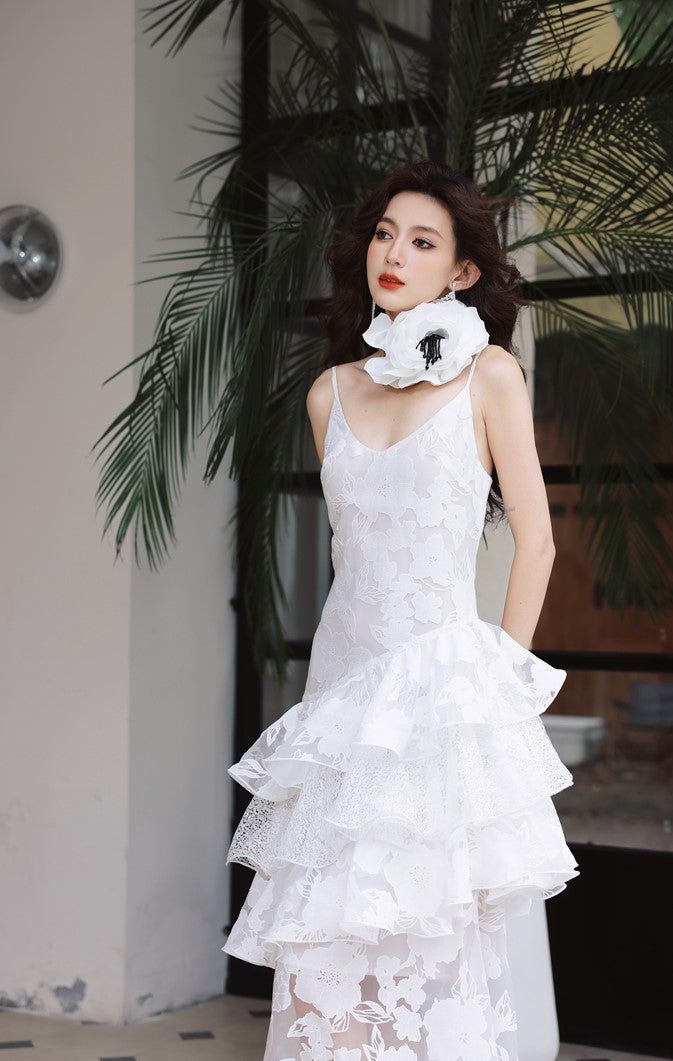 DOLLY Elegant White Flower Embroidery Lace Ruffle Layered Dinner Dress-DAISY (V)