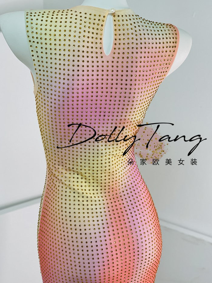 DOLLY High End Crew Neck Sleeveless Pink Gradient Dress-KILA