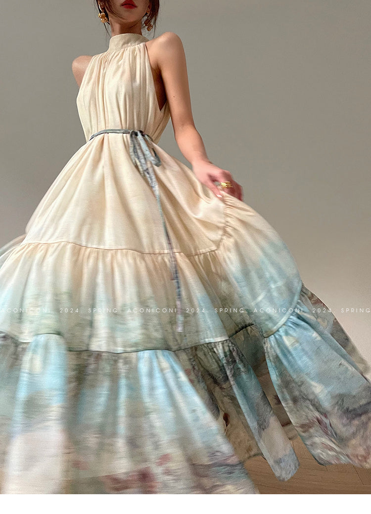 Aconiconi| Louvre Picture Reflection printed halter neck maxi skirt vacation dress - Miinia