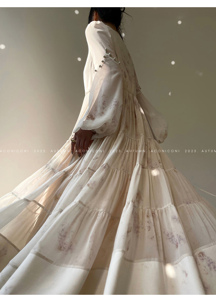 Aconiconi| French print fairy vacation loose chiffon long dress - Huanxi dream