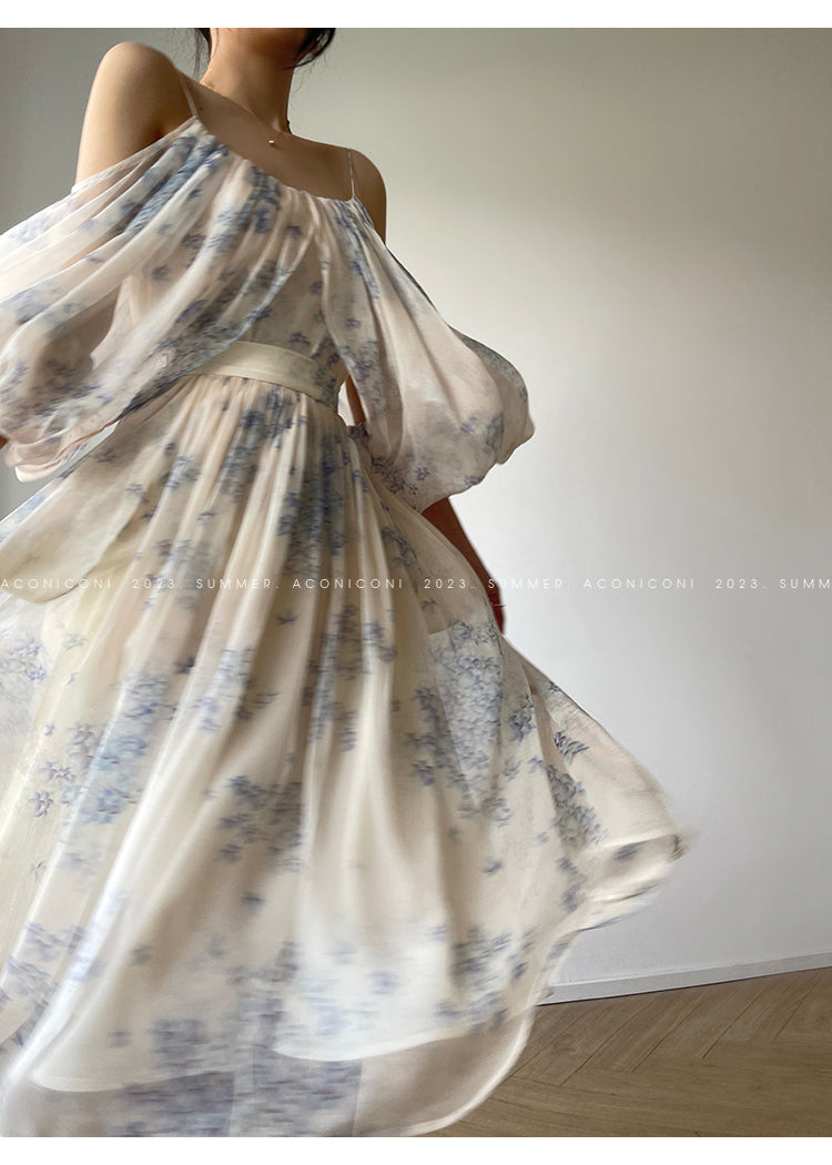 Aconiconi| Slip Off-the-Shoulder Top Skirt - Flower fairy