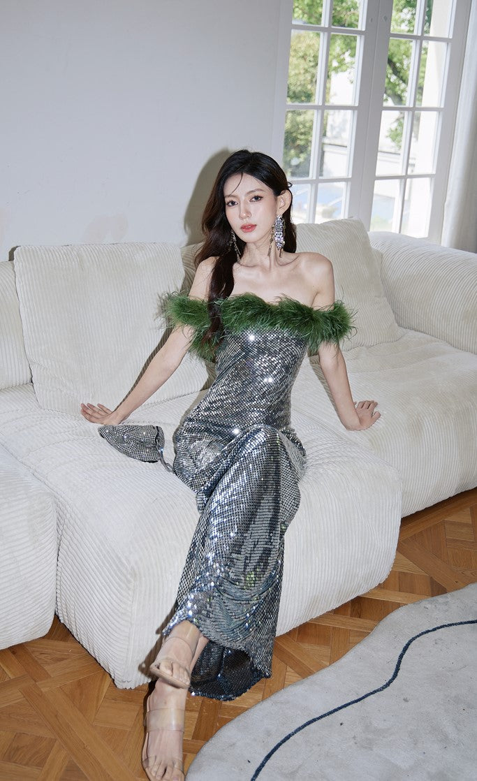 DOLLY Luxury Sliver Retro Style Green Feather Tube Top Long Glitter Party Dress-THEKLA