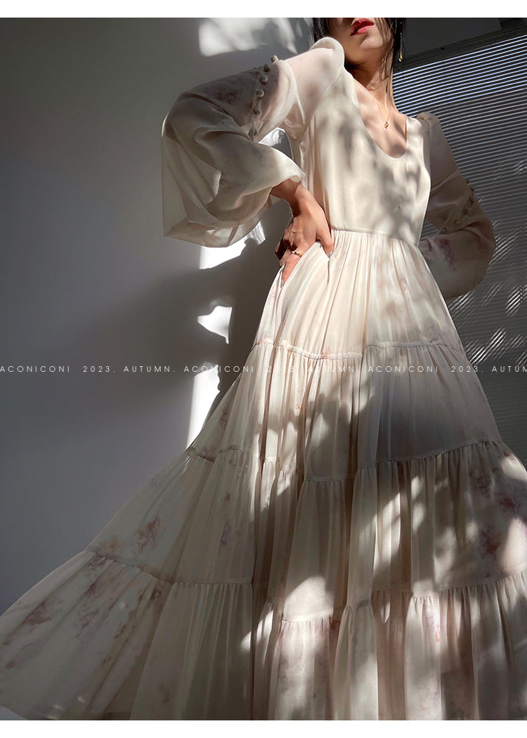 Aconiconi| French print fairy vacation loose chiffon long dress - Huanxi dream