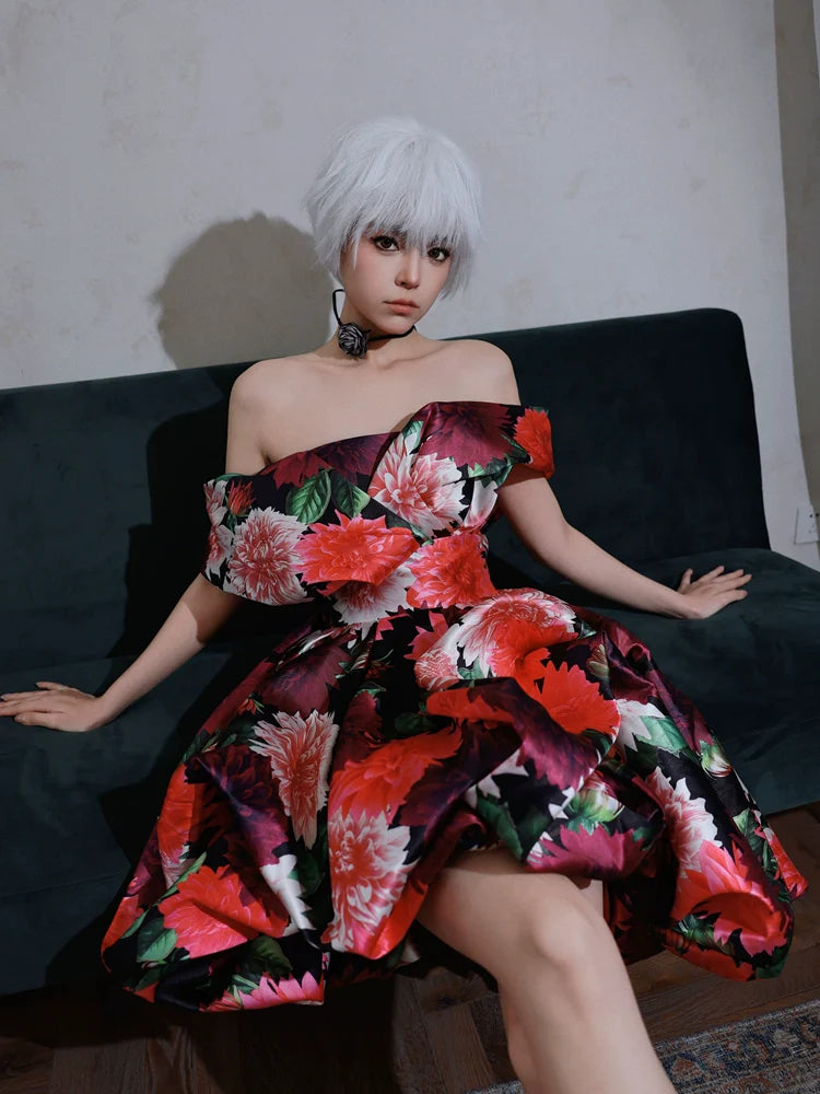 DOLLY Elegant Off Shoulder Flower Print fold bubble Dress-CINDY