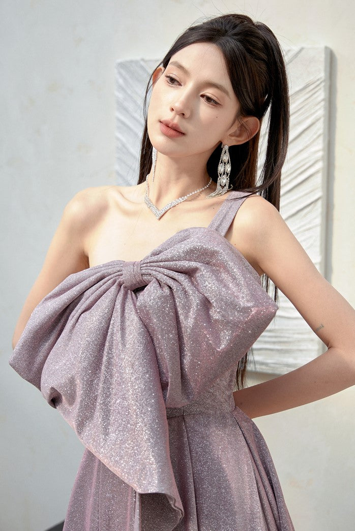 DOLLY Elegant Purple Off Shoulder Bow Sequin Long High Waist Cocktail Dress-TESSA (V)