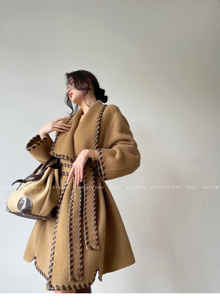 Aconiconi| Full wool coat classic double-sided wool woven belt coat -Nocturne