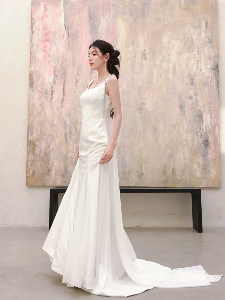 DOLLY Luxury White Graceful Sleeveless Square Collar Wedding Dress-MARY