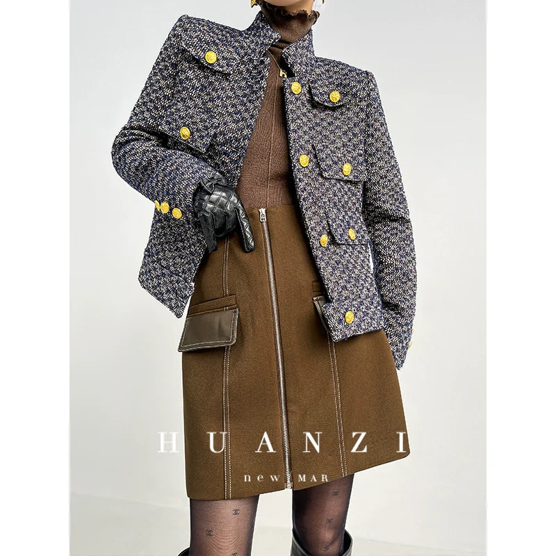 Huanzi Autumn winter foreign style zipper high-waist skirt - Riwre