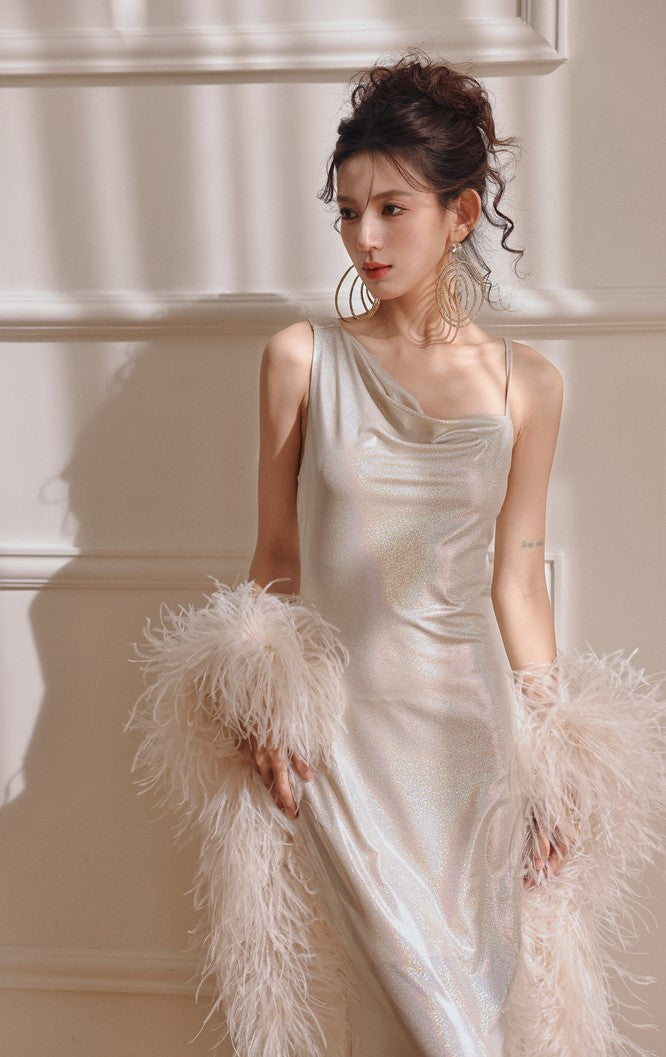 DOLLY Luxury Sliver Sleeveless Glitter Slim Fit Long Banquet Dress-SWATTIE