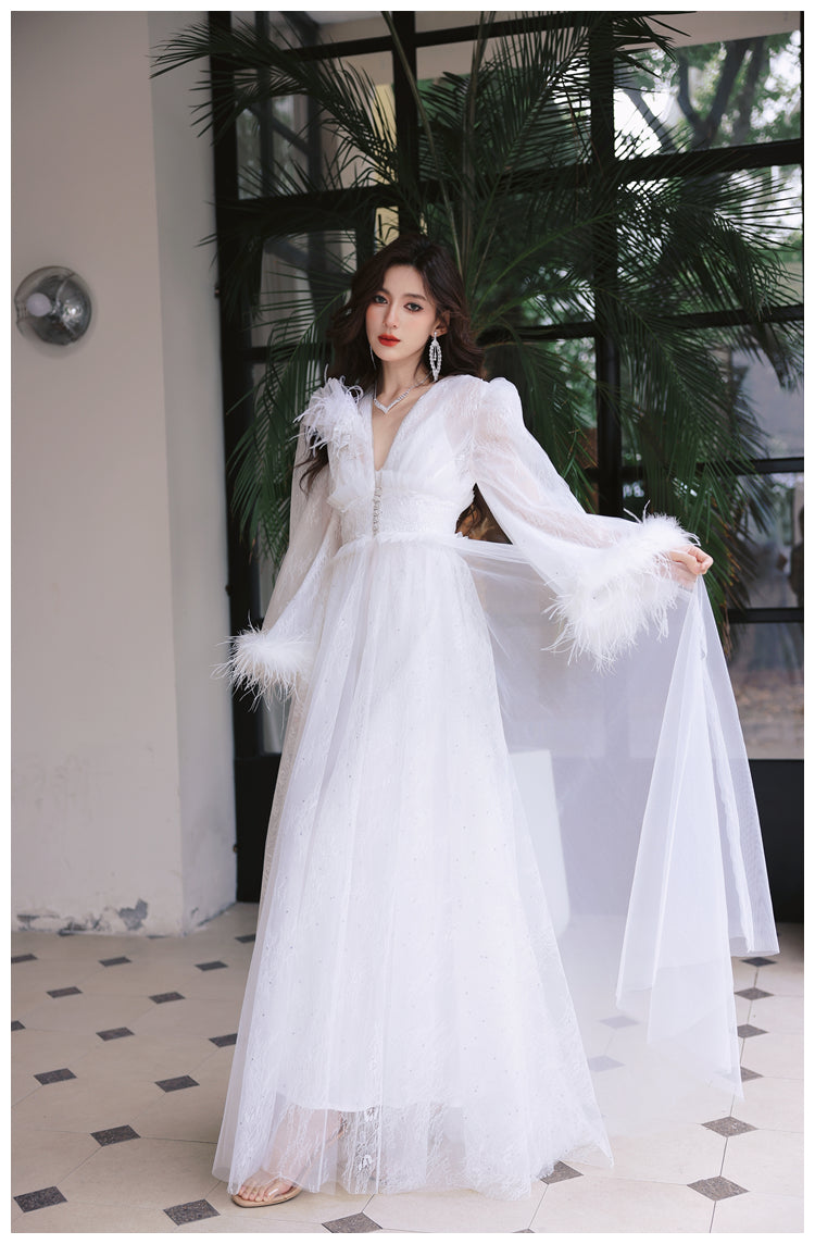 DOLLY Elegant White Deep V-Neck Lace Feather Bell Sleeves Long Robe Dress-ZOBA (V)*