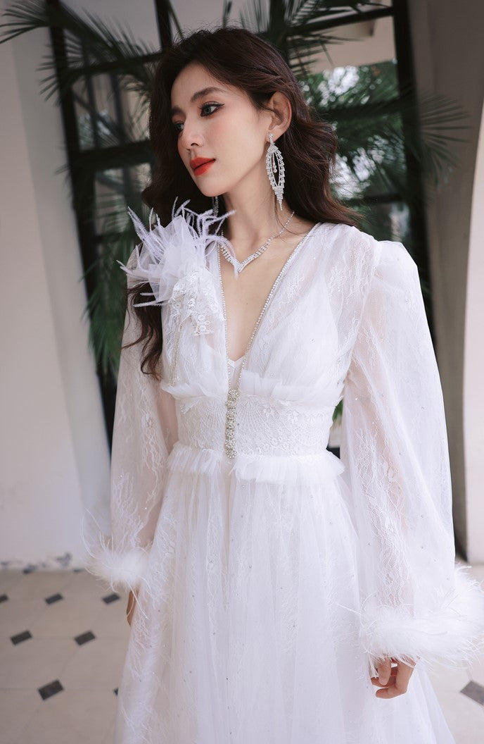 DOLLY Elegant White Deep V-Neck Lace Feather Bell Sleeves Long Robe Dress-ZOBA (V)*