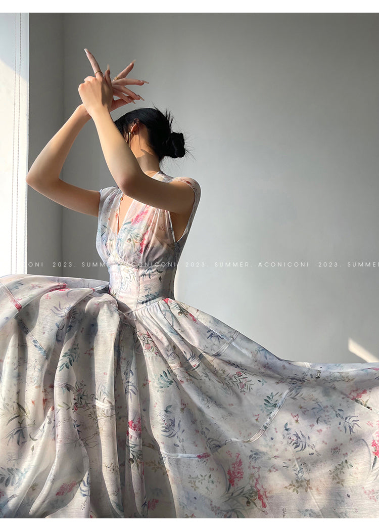 Aconiconi|high-end V-neck exquisite printed tea summer dress- Yufu fairy