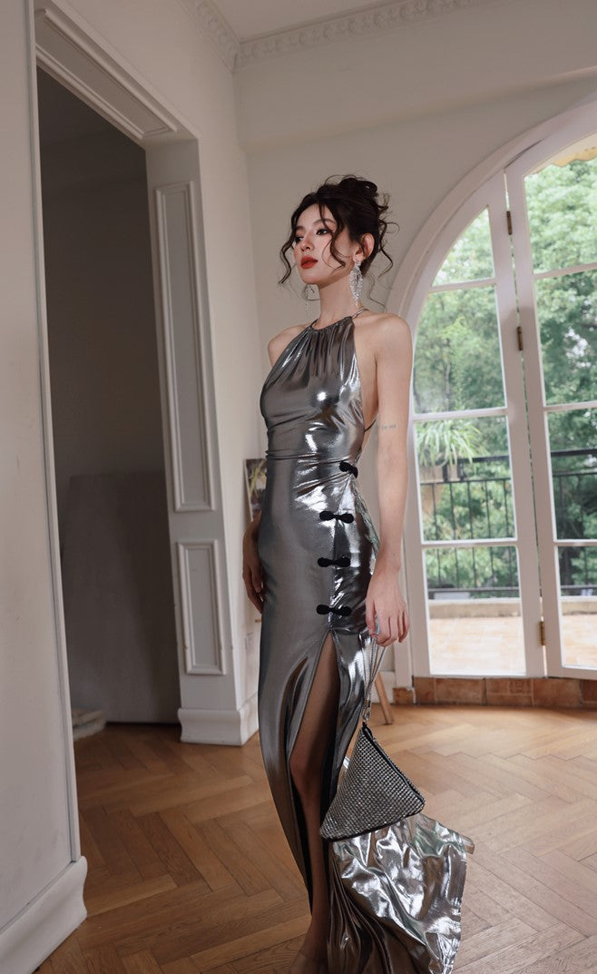 DOLLY Elegant Liquid Sliver Chinese Style Halter Neck Body Hug Long Cocktail Dress-MARBLE (V)