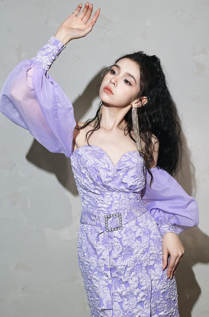 DOLLY Elegant Purple Puff Long Sleeve Off Shoulder Dinner Dress-GRISLLE