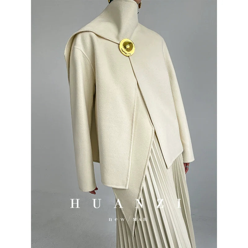 Huanzi wool tweed autumn winter short cashmere double-sided coat - Talfy