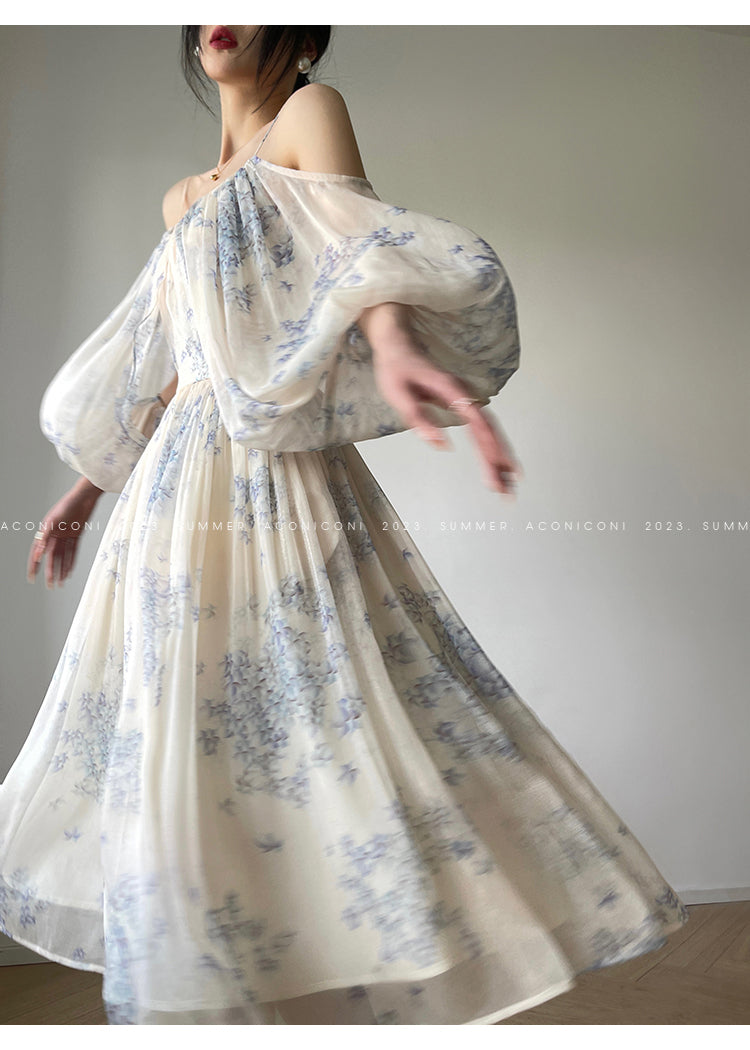 Aconiconi| Slip Off-the-Shoulder Top Skirt - Flower fairy