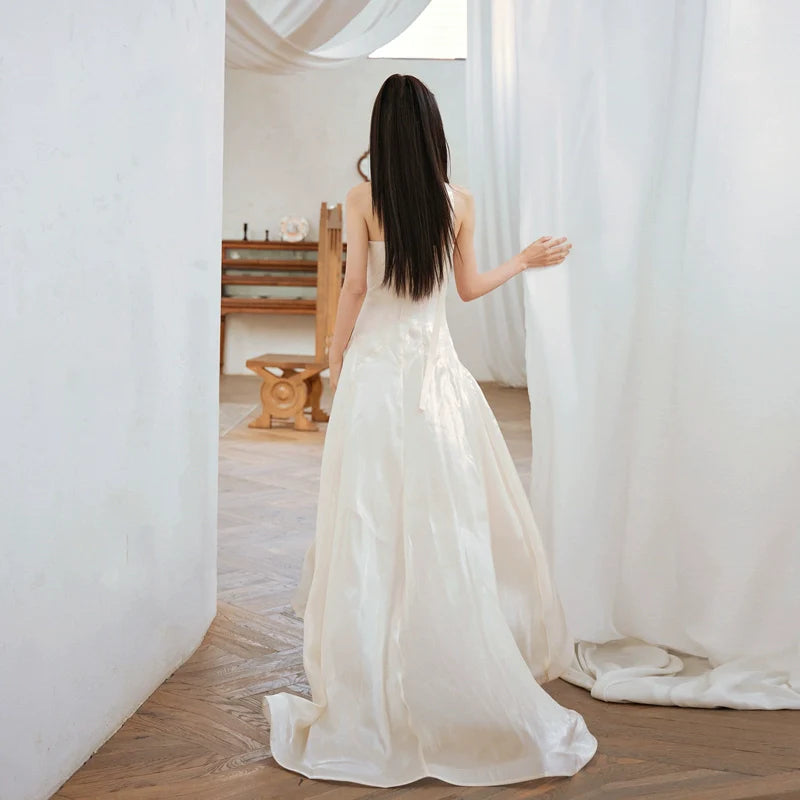 DOLLY High End Cream Sleeveless satin slip flow Wedding Dress-SONNI