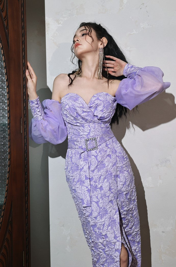 DOLLY Elegant Purple Puff Long Sleeve Off Shoulder Dinner Dress-GRISLLE