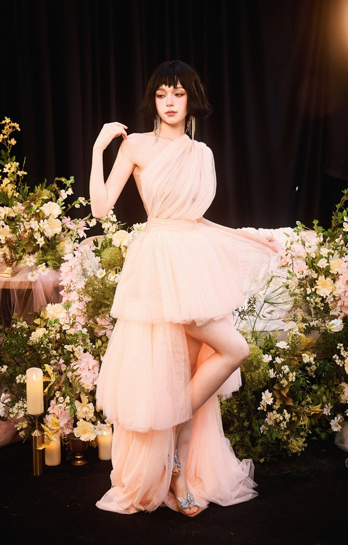 DOLLY Elegant Peach Mesh Off Shoulder Sleeveless High Waist Tutu Dress-MEDUSA (V)