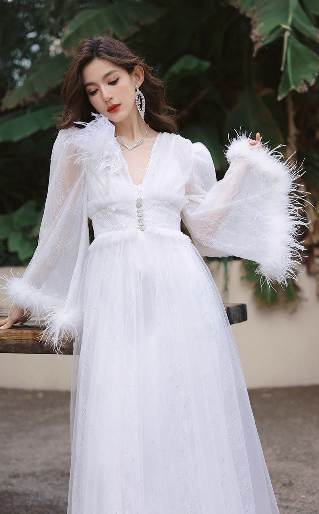 DOLLY Elegant White Deep V-Neck Lace Feather Bell Sleeves Long Robe Dress-ZOBA (V)*
