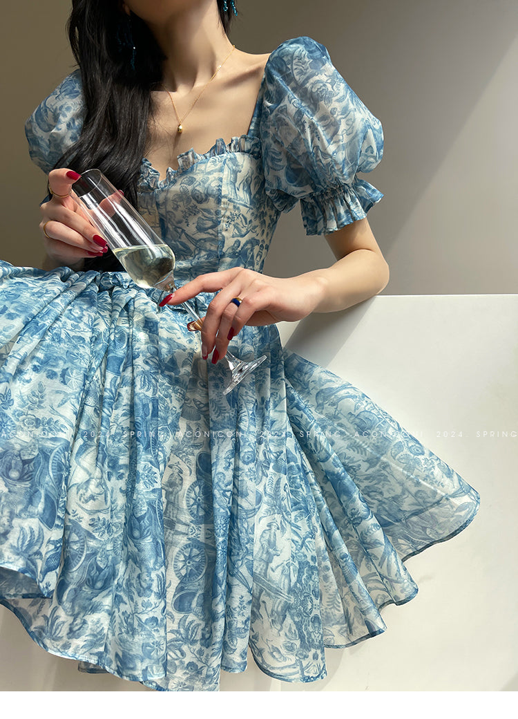 Aconiconi Elegant Blue French Print Short Princess Dress- Blue Ocean Whisper S / Blue Aconiconi Elegant Blue French Print Short Princess Dress- Blue Ocean Whisper S / Blue
