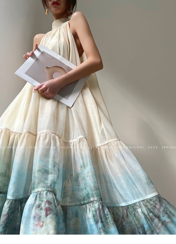 Aconiconi| Louvre Picture Reflection printed halter neck maxi skirt vacation dress - Miinia