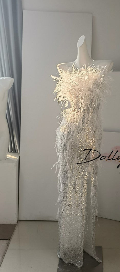 DOLLY Sliver White Feather Tube Top Long Slit Wedding Guest Dress-AGNES