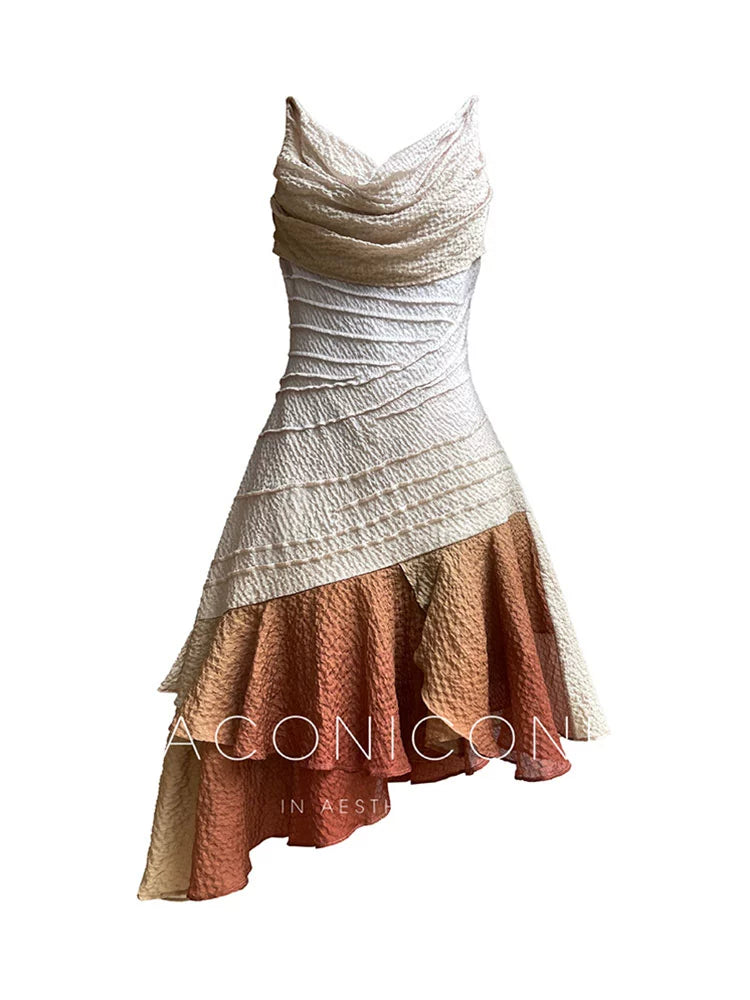 Aconiconi Luxury Sleeveless cowl neck ombre pleated hem Dress- Long Island Iced Tea