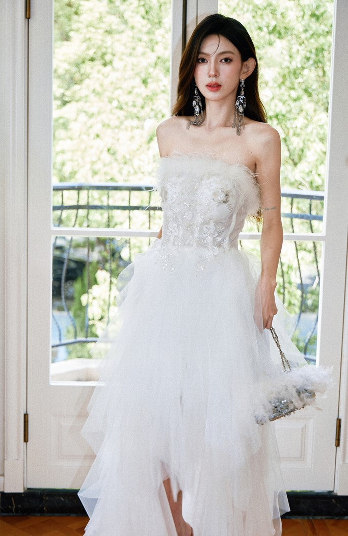 DOLLY Elegant White French Style Feather Chest Wrap Wedding Dress-MARIA (V)