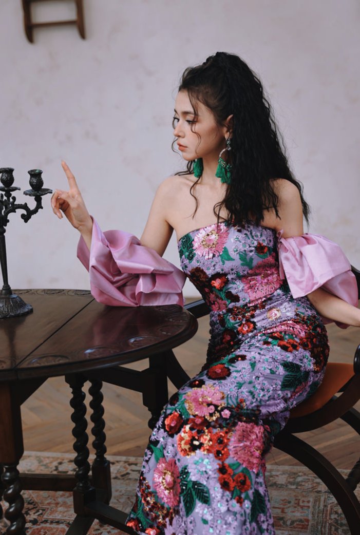 DOLLY Luxury Retro Purple Floral Embroidered Tube Top Long Sequin Party Dress-JOY