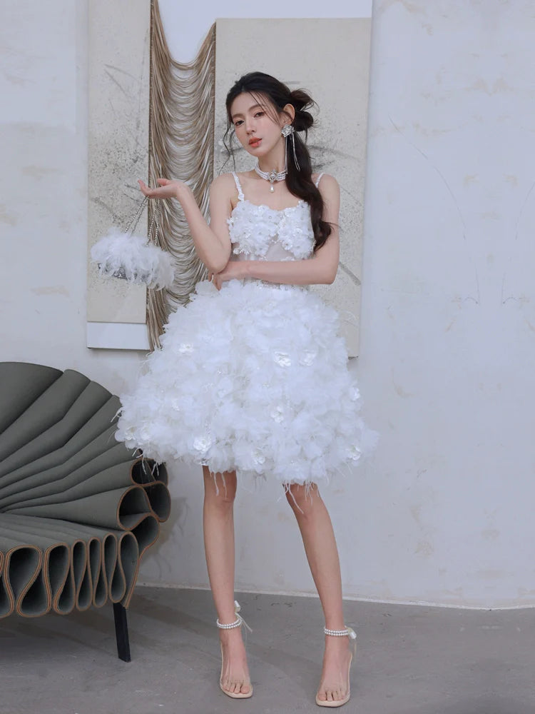 DOLLY Elegant White Embroidery Sleeveless short full Wedding Dress-Benny