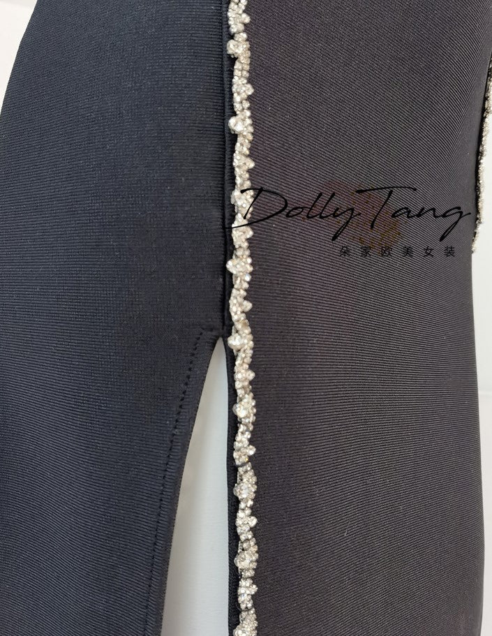 DOLLY Elegant Black Rhinestone Sleeveless Slim Fit Long Slit Dinner Dress-ALORA (V)